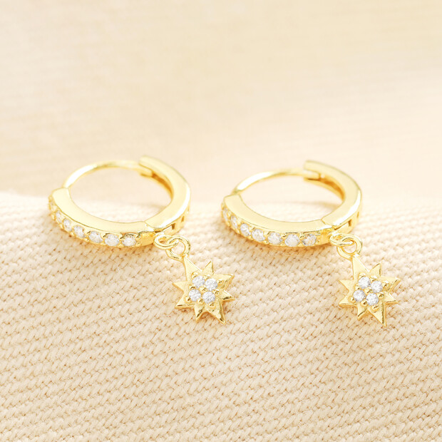 Sterling Silver Crystal Star Charm Huggie Hoop Earrings in Gold
