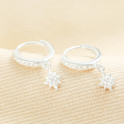 Sterling Silver Crystal Star Charm Huggie Hoop Earrings