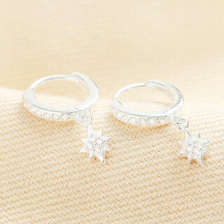 Sterling Silver Crystal Star Charm Huggie Hoop Earrings