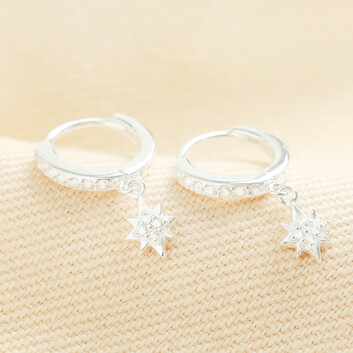 Sterling Silver Crystal Star Charm Huggie Hoop Earrings