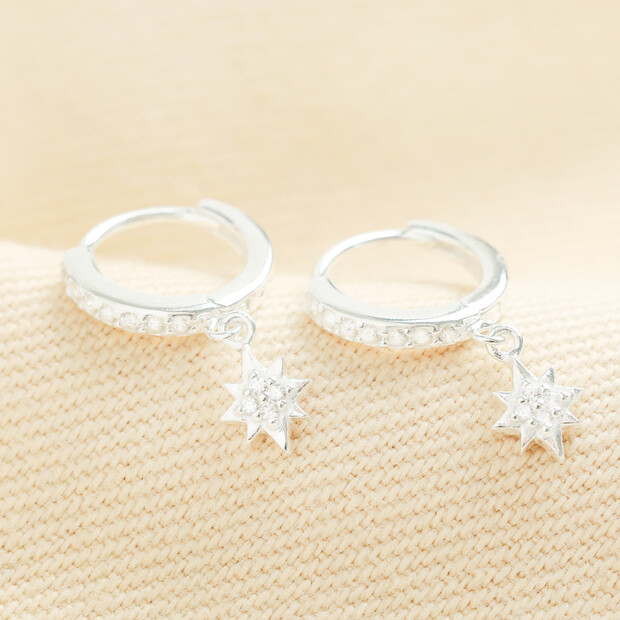 Sterling Silver Crystal Star Charm Huggie Hoop Earrings