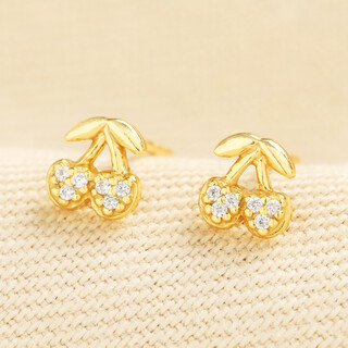 Sterling Silver Crystal Cherry Stud Earrings in Gold