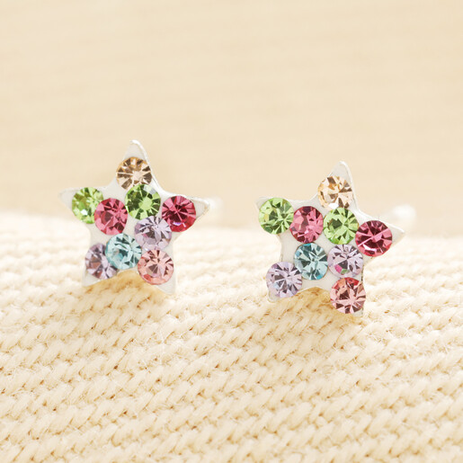 Pair of sterling silver star stud earrings with colourful pastel crystals.