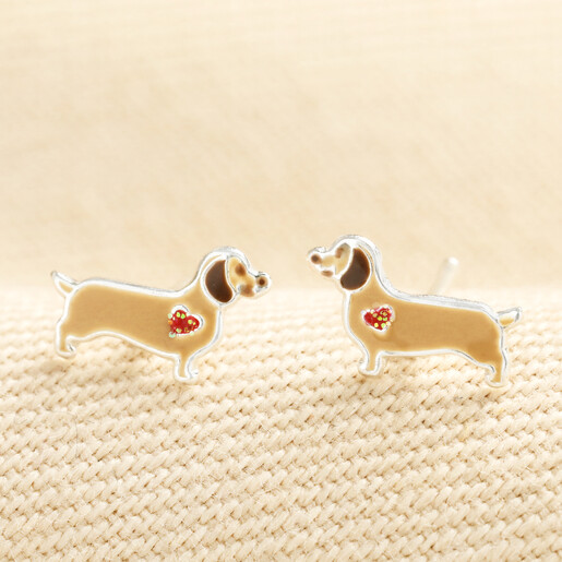 Pair of sterling silver and tan enamel sausage dog stud earrings with red hearts