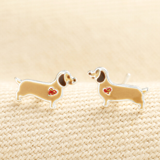 Sterling Silver Enamel Sausage Dog Stud Earrings