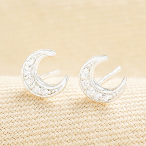 Sterling Silver Crystal Moon Stud Earrings in Silver