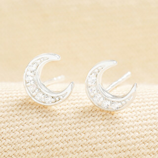 Sterling Silver Crystal Moon Stud Earrings in Silver