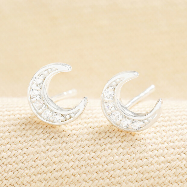 Sterling Silver Crystal Moon Stud Earrings in Silver
