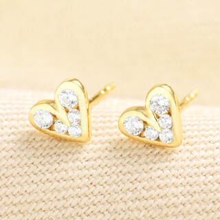 Sterling Silver Crystal Heart Stud Earrings in Gold