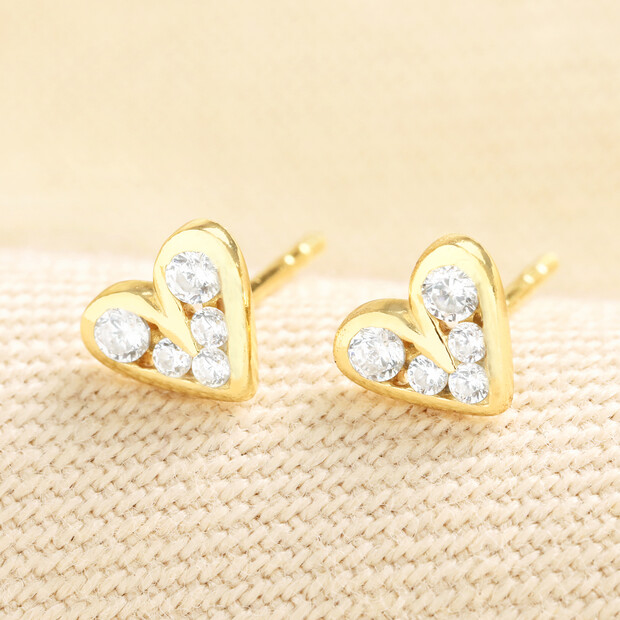 Sterling Silver Crystal Heart Stud Earrings in Gold
