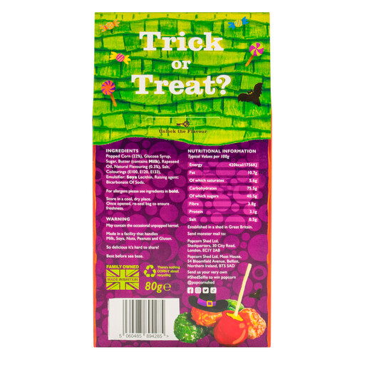 Back of the Popcorn Shed haunted house box with ingredients and nutritional information