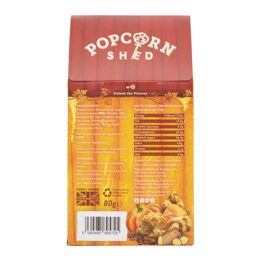 Back of Popcorn Shed Pumpkin Spice box with ingredients and nutritional information