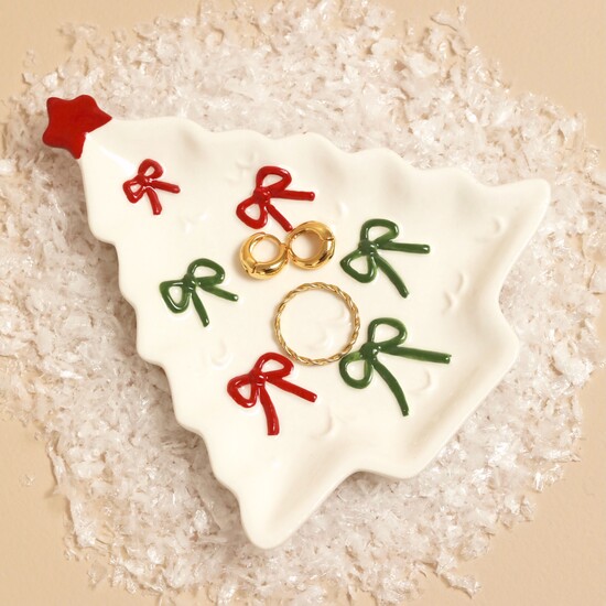 Ceramic Bow Christmas Tree Trinket Dish