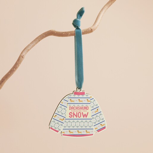 Wooden Dachshund Through The Snow jumper Christmas hanging decoration with blue velvet ribbon.