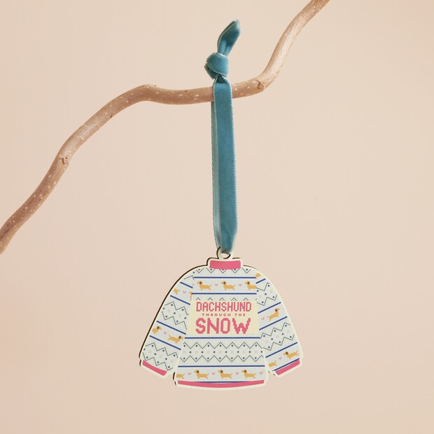 Wooden Dachshund Through The Snow Jumper Hanging Decoration