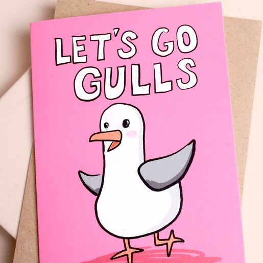Close up of the Let's Go Gulls card featuring an illustrated seagull