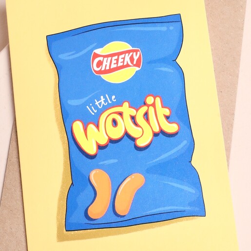 Close-up of illustrated blue snack packet graphic reading cheeky little wotsit.