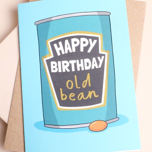 Close up of the retro baked bean tin illustration on the Old Bean birthday card