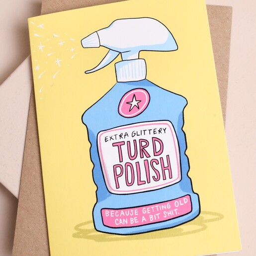 Close-up of witty Turd Polish spray bottle illustration on yellow card
