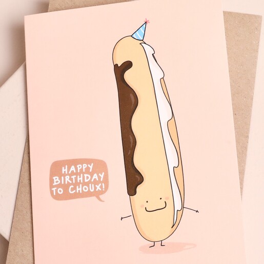 Close-up of the éclair character and Happy Birthday to Choux speech bubble
