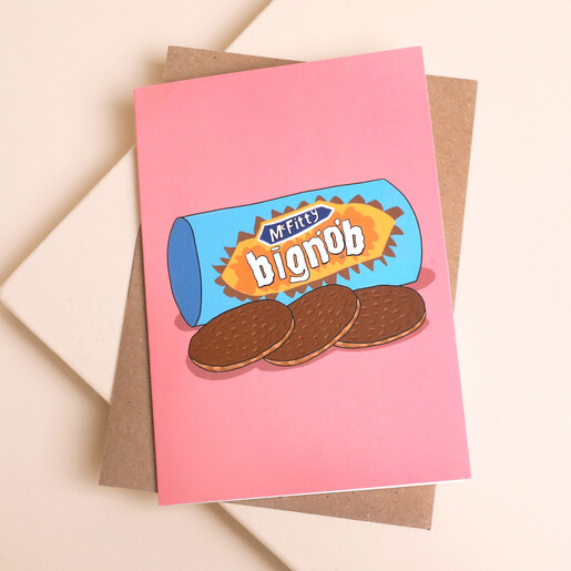Cheeky illustrated biscuit greetings card with a brown kraft envelope