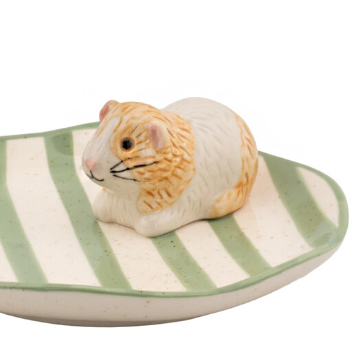 Close up of ceramic guinea pig trinket dish with green and cream stripes