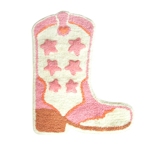 Cowboy boot tufted cotton bath mat in pink and cream with star details