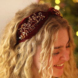 Burgundy Velvet Gold Beaded Leaf Headband
