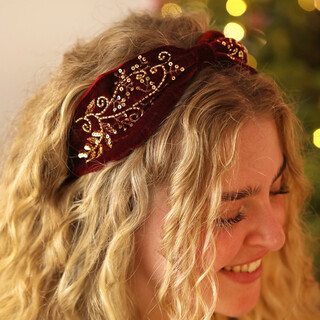 Burgundy Velvet Gold Beaded Leaf Headband