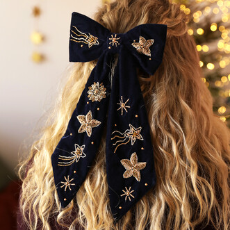 Navy Velvet Starry Beaded Hair Bow