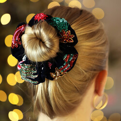 Navy Velvet Shooting Star Beaded Hair Scrunchie