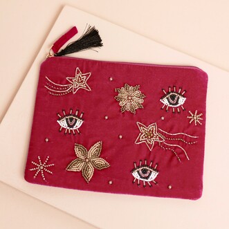 Pink Velvet Beaded Celestial Eye Pouch
