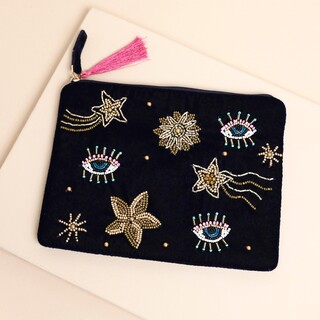 Navy Velvet Beaded Celestial Eye Pouch