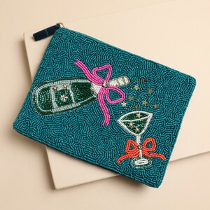 Beaded Forest Green Bottle and Glass Pouch