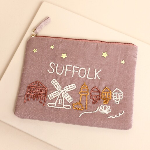 Dusky pink velvet pouch with beaded Suffolk lettering and coastal motifs