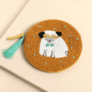 Beaded Mustard Round White Pug Purse