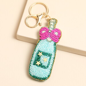 Beaded Champagne With Pink Bow Keyring and Bag Charm
