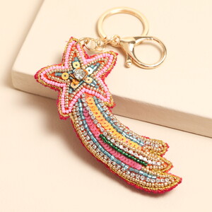Beaded Pink Rainbow Shooting Star Keyring and Bag Charm