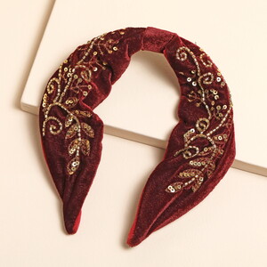 Burgundy Velvet Gold Beaded Leaf Headband