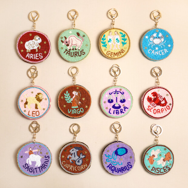 Beaded Velvet Round Zodiac Keyring and Bag Charm
