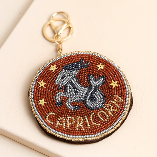 Beaded Velvet Round Capricorn Keyring and Bag Charm