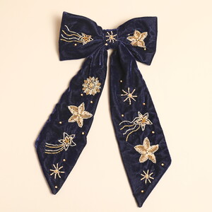 Navy Velvet Starry Beaded Hair Bow