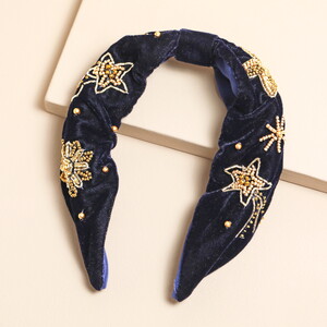 Navy Velvet Gold Celestial Beaded Headband