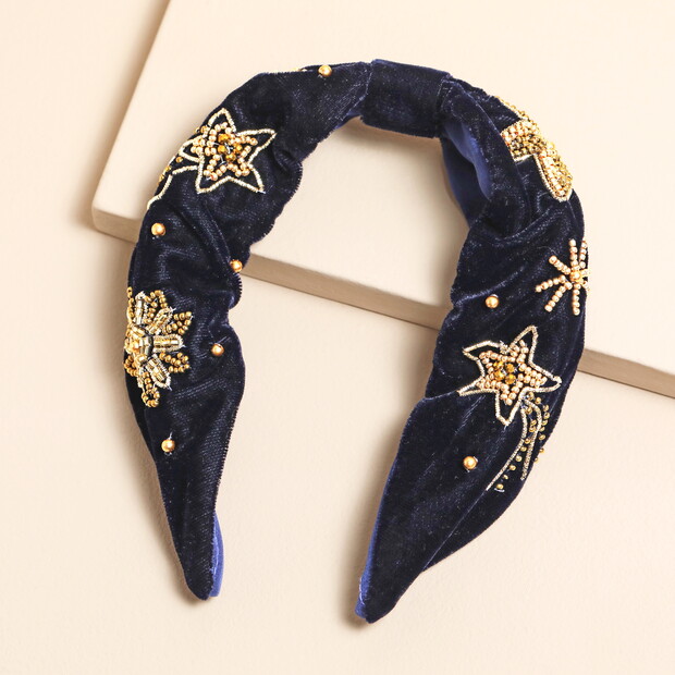 Navy Velvet Gold Celestial Beaded Headband