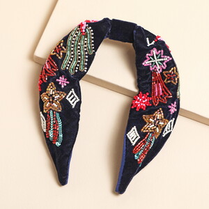 Navy Velvet Rainbow Celestial Beaded Headband