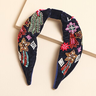 Navy Velvet Rainbow Celestial Beaded Headband