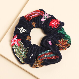 Navy Velvet Shooting Star Beaded Hair Scrunchie