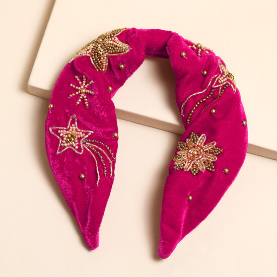 Pink Velvet Gold Celestial Beaded Headband