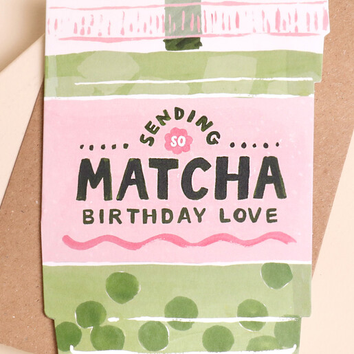 Close up of wording on Sister Paper Co matcha birthday card.