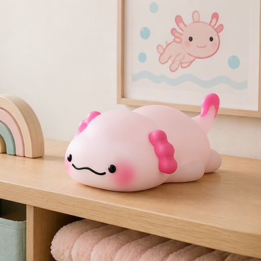 Pink axolotl shaped nightlight displayed on a light wooden nursery shelf